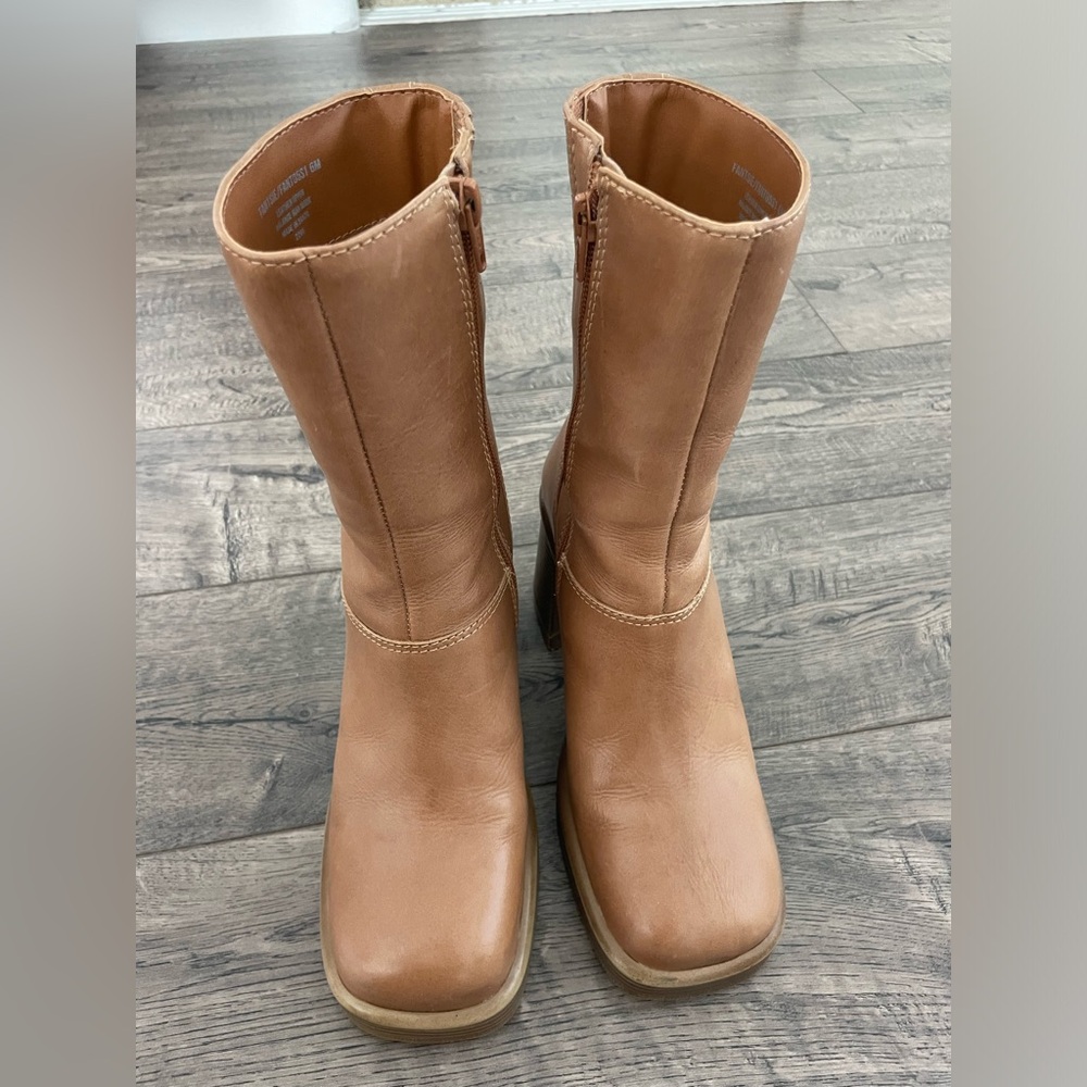 Steve Madden “Fantsie Tan Leather Mid-Calf Boots”